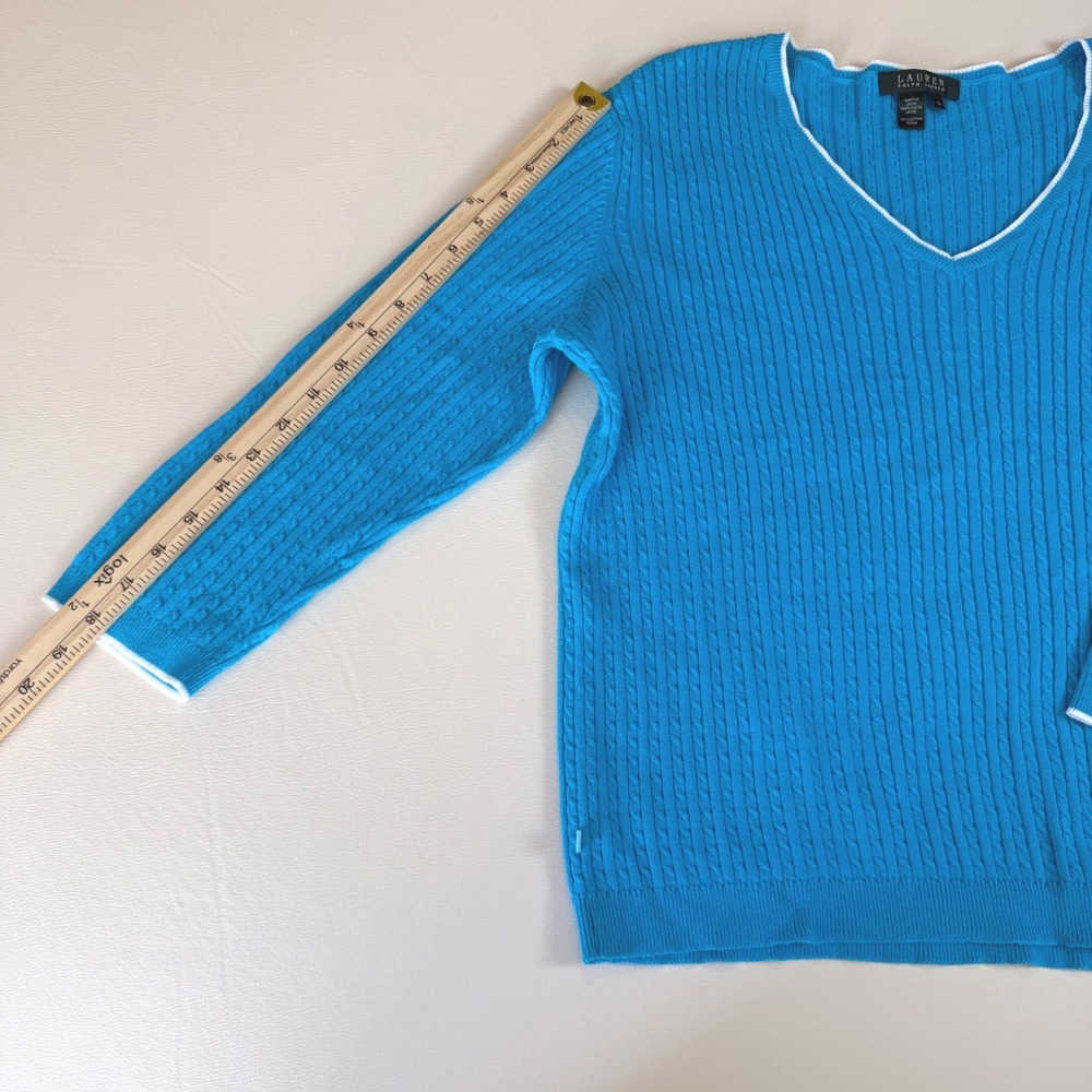 Lauren Ralph Lauren Blue Cable Knit V-Neck Sweater XL Preppy Coastal Grandmother - Picture 6 of 8